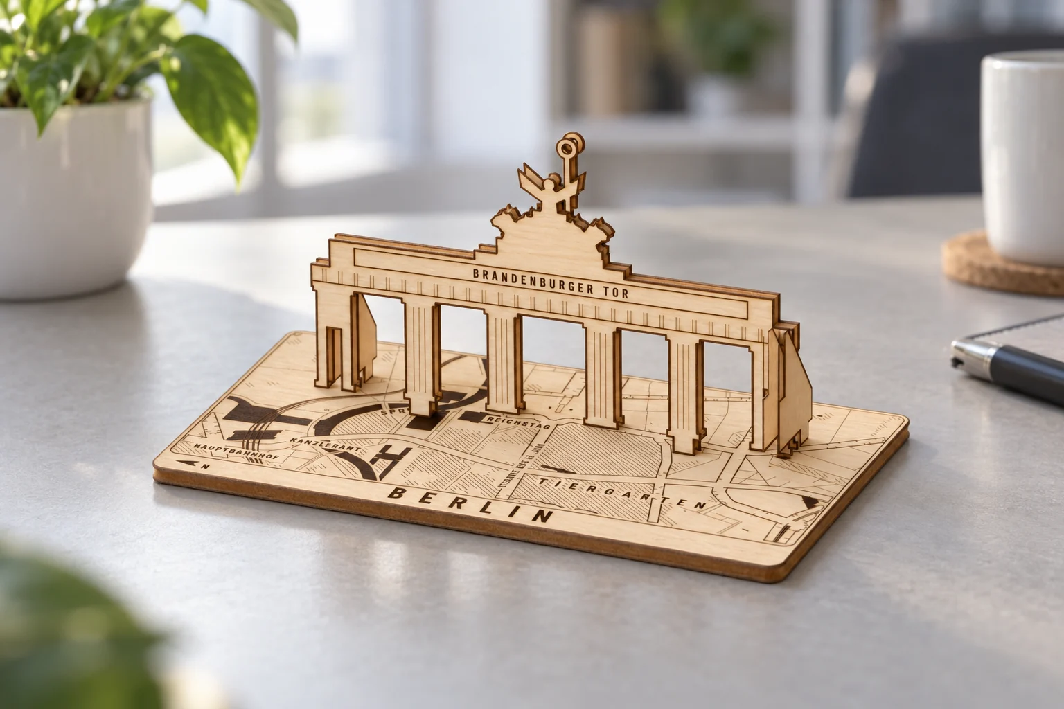 Holzmodell des Brandenburger Tors mit Quadriga, gesteckt auf eine gravierte Karte mit Tiergarten, Spree und Reichstag