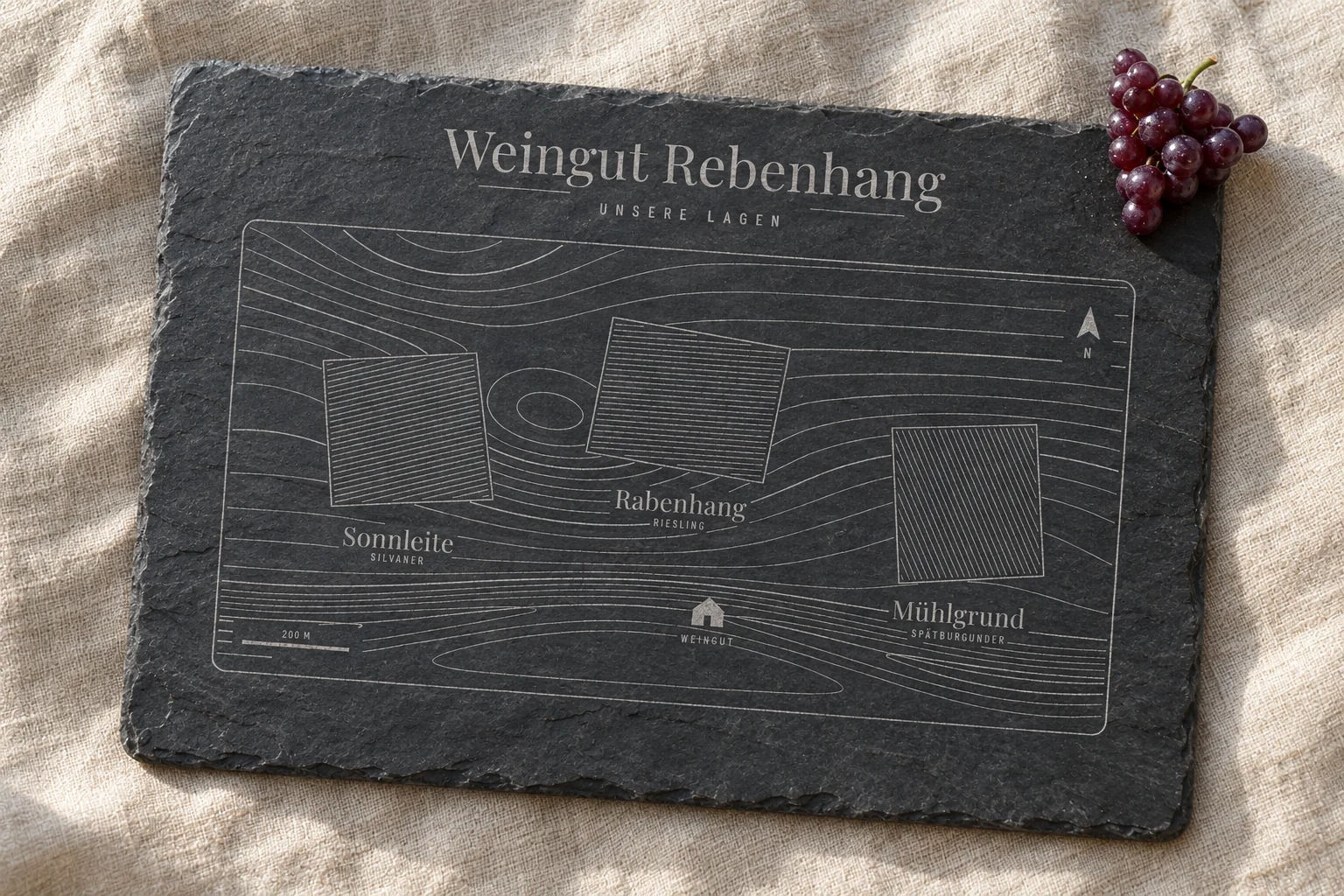 Schieferbrett auf Leinen mit hell gravierter Karte der Weinlagen Sonnleite, Rabenhang und Mühlgrund, an einer Ecke liegen Weintrauben