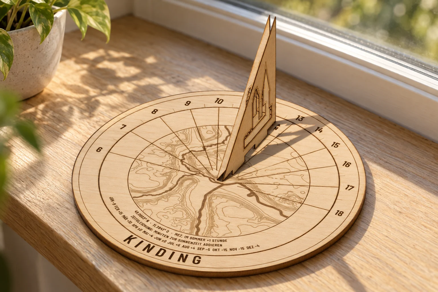 Aufgebaute Sonnenuhr aus Holz: runde Scheibe mit Stundenlinien und Höhenkarte, darauf der dreieckige Schattenstab